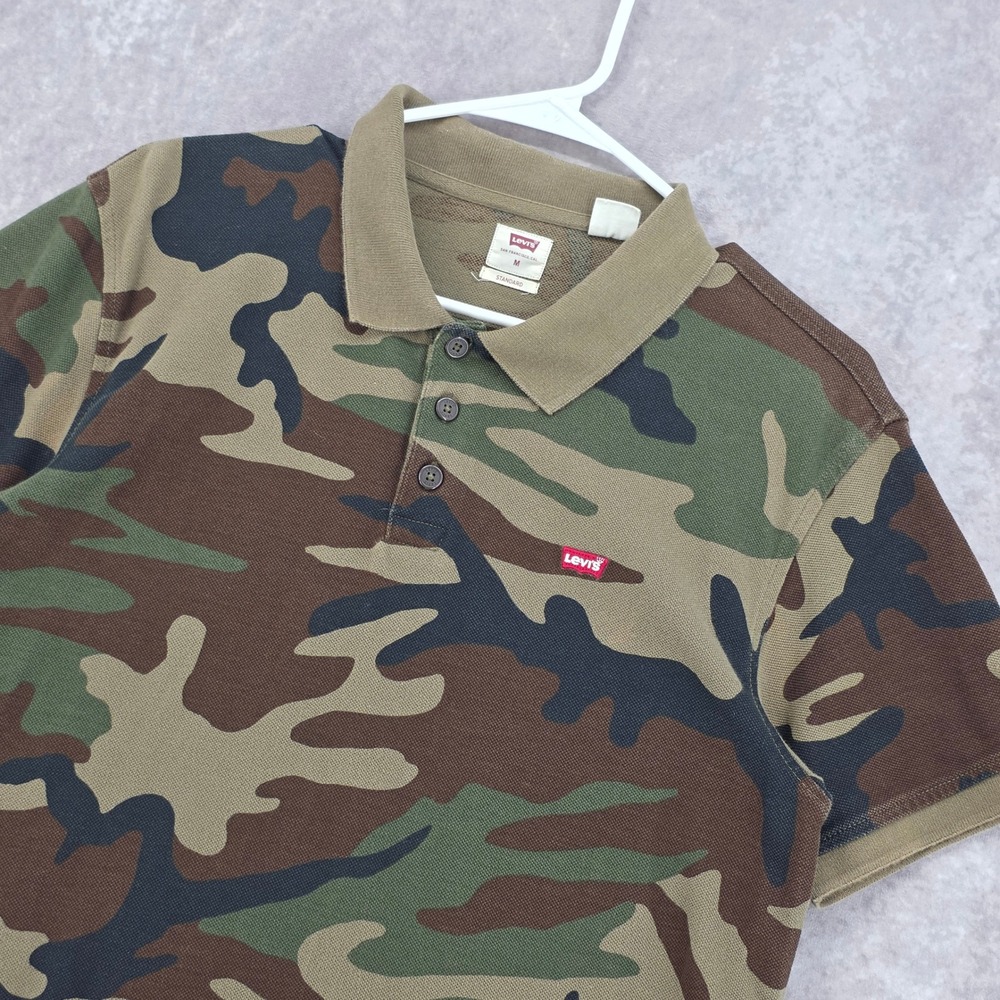 Levis Mens Camo Polo Shirt Medium Green Woodland Camouflage Short Sleeve Pique